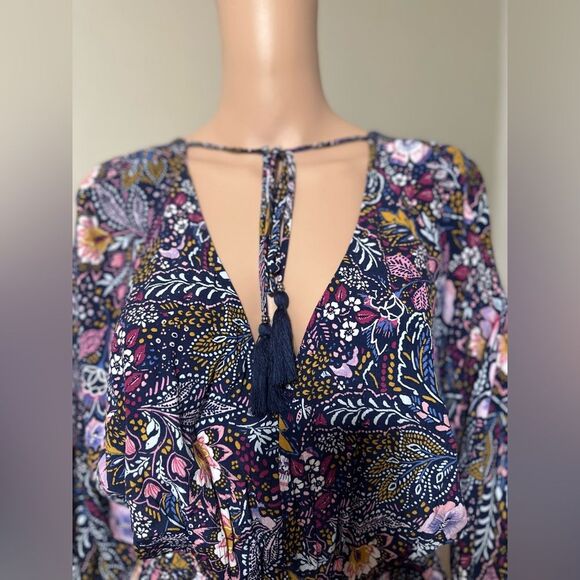 Lovestitch  Dress M Boho Floral Maxi V-Neck Tassel Back Smocked Waist Rayon - Picture 8 of 13